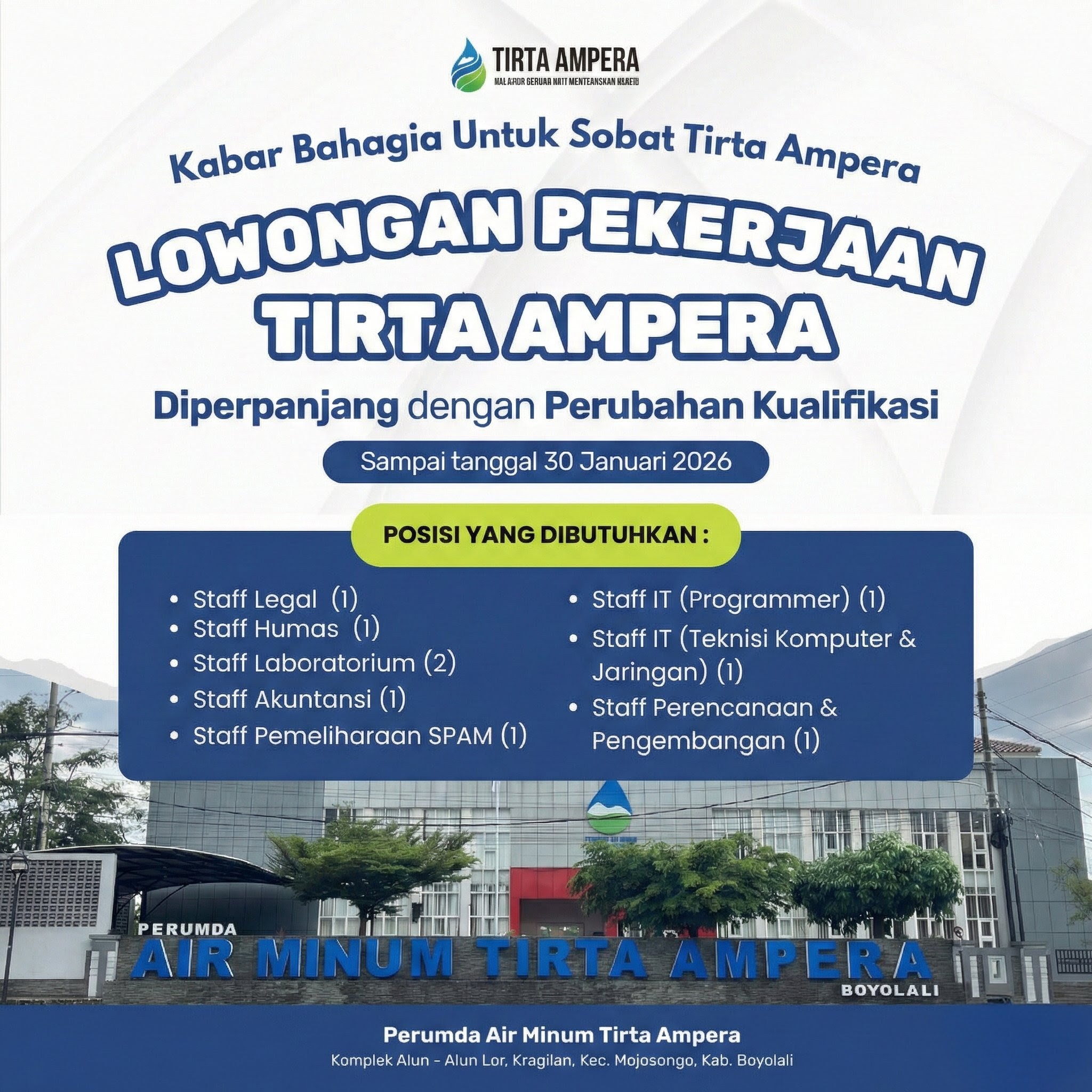 Perpanjangan Masa Pendaftaran dan Penyesuaian Kualifikasi Seleksi Pegawai Perumda Air Minum Tirta Ampera Kabupaten Boyolali